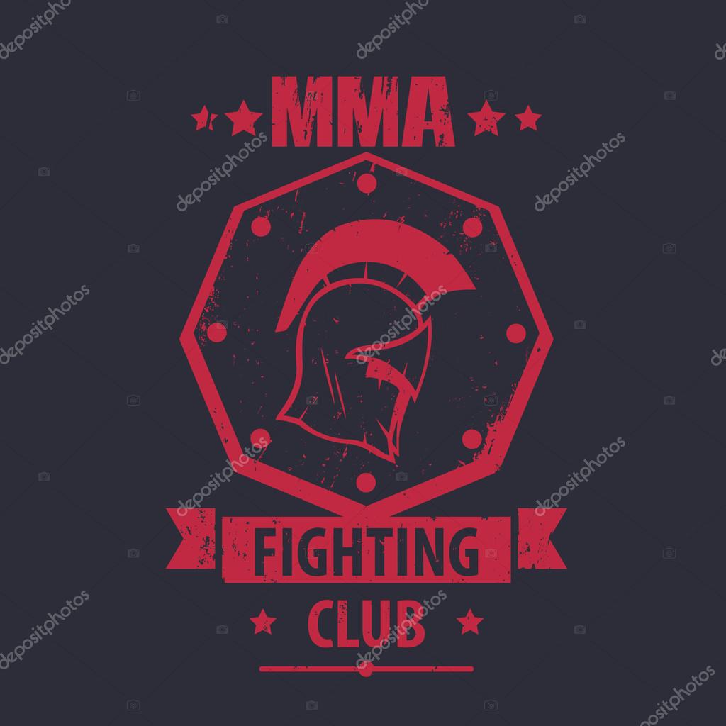 MMA Fighting Club logo, emblem, badge with spartan helmet, red on dark, vector illustration