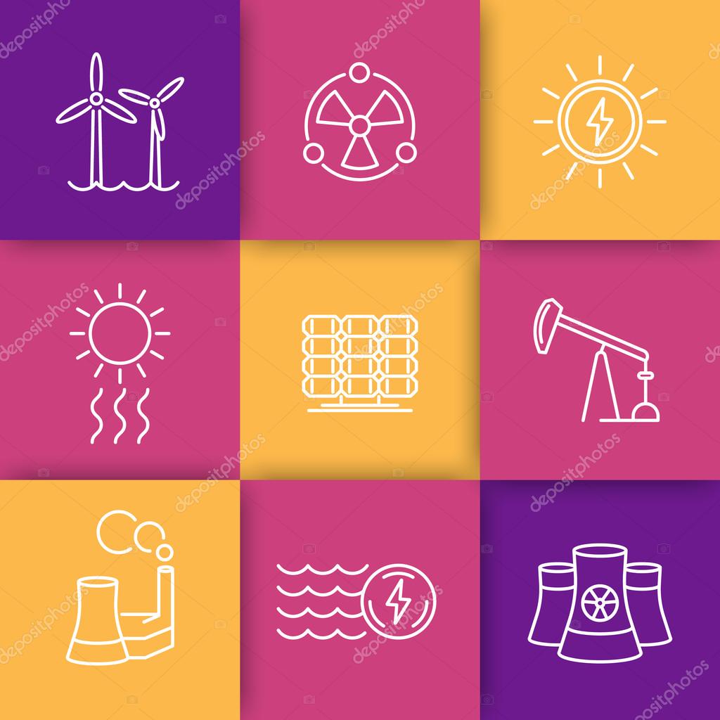 Power, energy production thin line icons set, energetics, nuclear energy, vector illustration