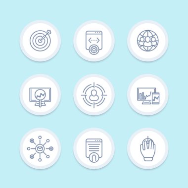 SEO hat simgeler, arama motoru optimizasyonu, Web sitesi dizin oluşturma, internet pazarlama, seo araçları Icons set