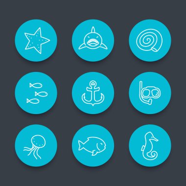 Deniz Icons set, doğrusal sembollerin, vektör çizim
