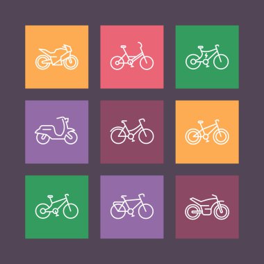 Bikes line icons on color squares, bicycle vector sign, bike, cycling, motorcycle, motorbike, fat bike, scooter, electric bike, vector illustration clipart