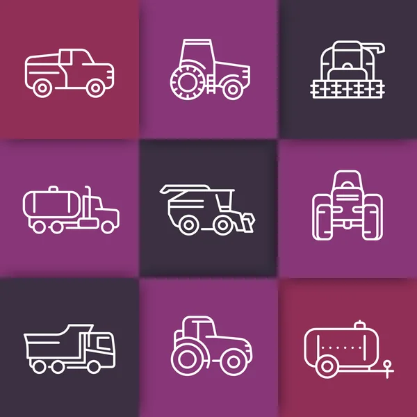 Landmaschinenzeile Symbole, Traktor, Mähdrescher, landwirtschaftliche Fahrzeuge, Getreideernte Mähdrescher, LKW, Pickup, lineare Symbole auf Quadraten, Vektorillustration — Stockvektor