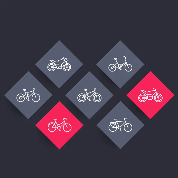 Bicicletas iconos lineales en formas rombicas, signo de vector de bicicleta, bicicleta, ciclismo, motocicleta, moto, bicicleta de grasa, bicicleta eléctrica, ilustración de vectores — Vector de stock