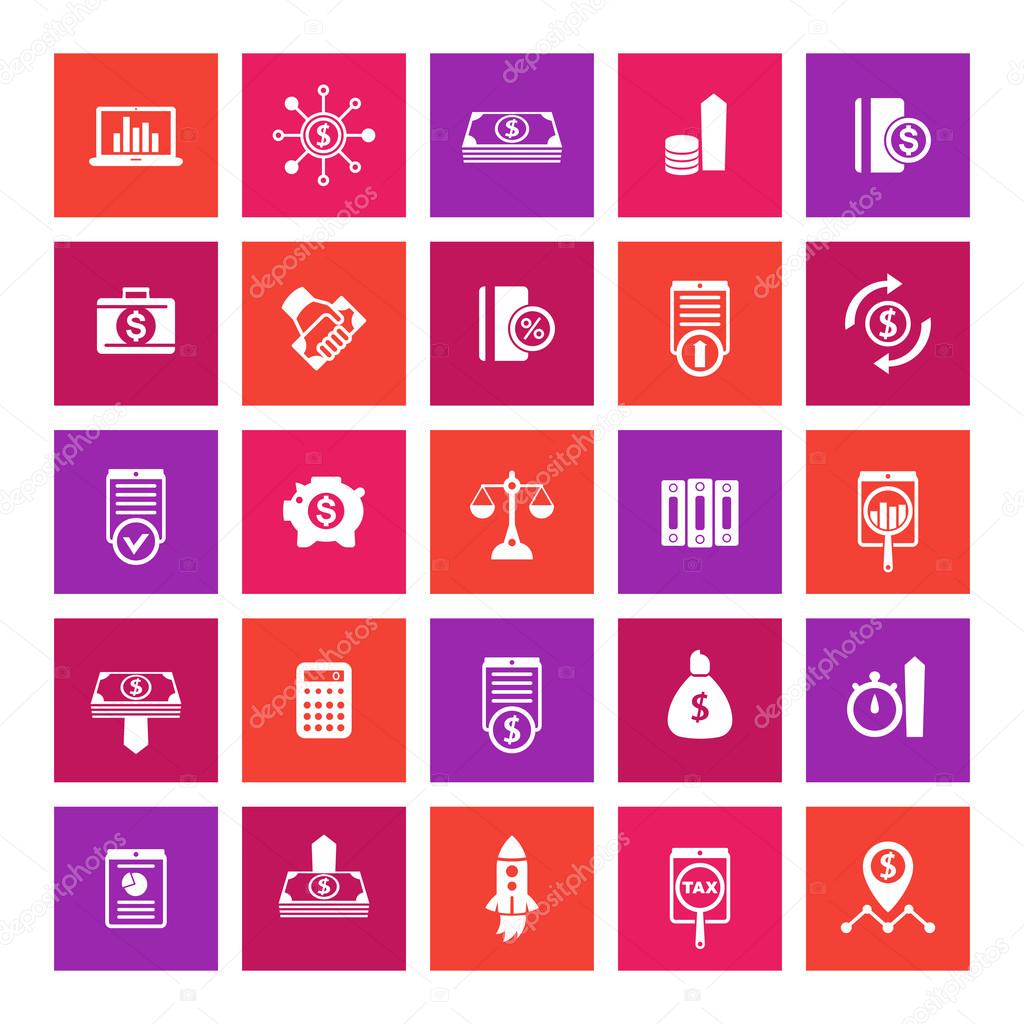25 finance icons, investing, shares, stocks, money, funds, investment, income, square icons on white, vector illustration