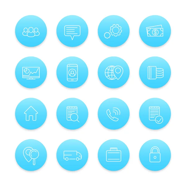 Obchodní, finanční, obchodní, podnikové ikony, aktiva, kapitál, finanční Analytics modré lineární ikony na bílém — Stockový vektor