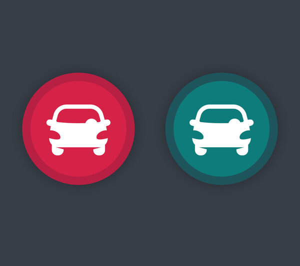 иконка автомобиля, векторный знак парковки, вид спереди автомобиля, красный и зеленый значки автомобиля, векторная иллюстрация
