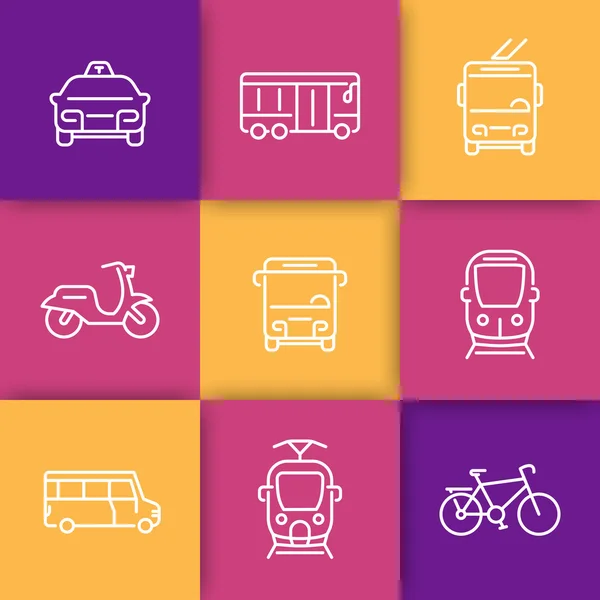 Transporte urbano, furgoneta de tránsito, tren, icono de la línea de autobús, taxi, metro, conjunto de iconos lineales, ilustración de vectores — Vector de stock