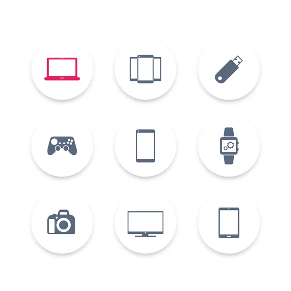 Conjunto de iconos de gadgets (computadora portátil, tableta, cámara, teléfono inteligente, icono de reloj inteligente), ilustración vectorial — Vector de stock