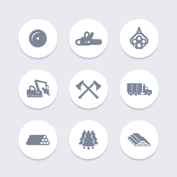 Logging, forestry equipment icons, tree harvester, timber, logging truck, lumber, logging vehicle round isolated icons, vector — Stock Vector