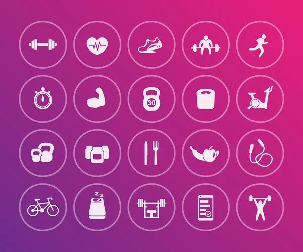 20 fitness icons, gym, training, exercise icons in circles, vector illustration — Stock Vector