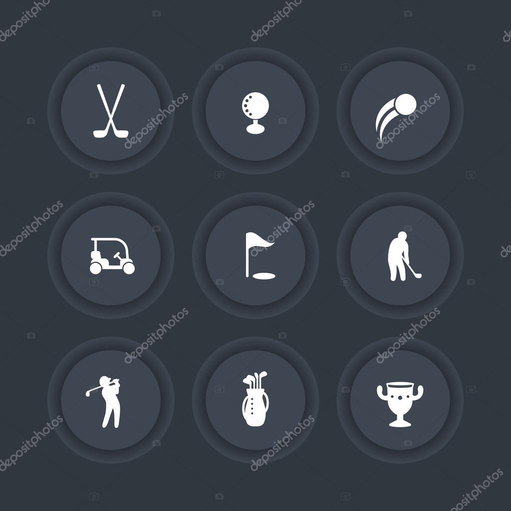 Golf icons, golf clubs, golf player, golfer, golf bag dark round icons set, vector illustration