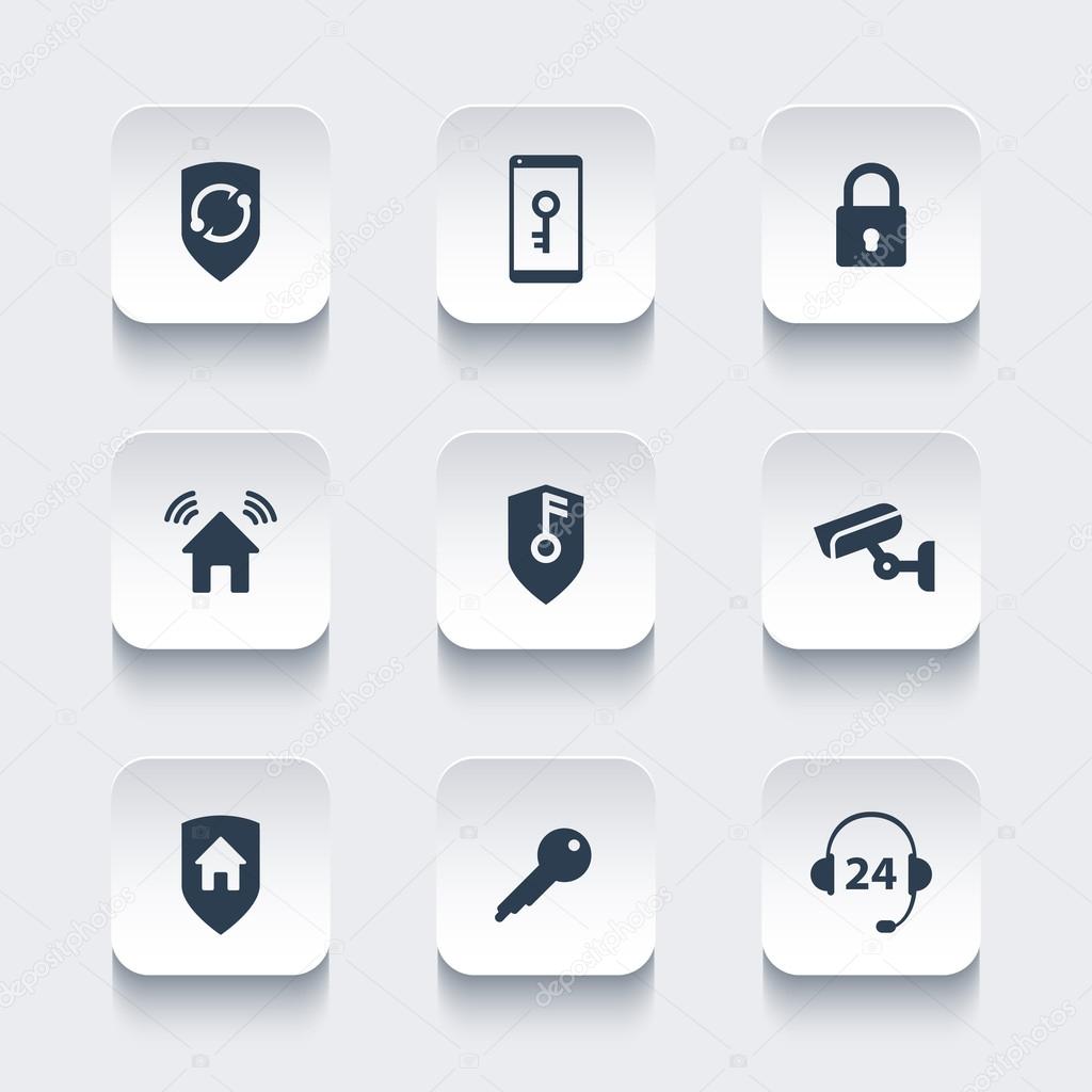 Home security icons set, cctv, house security mobile app, secure house, security control, vector illustration