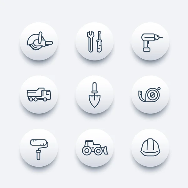 Iconos de línea de construcción, equipos de construcción y herramientas pictogramas lineales, iconos redondos modernos, ilustración vectorial — Vector de stock