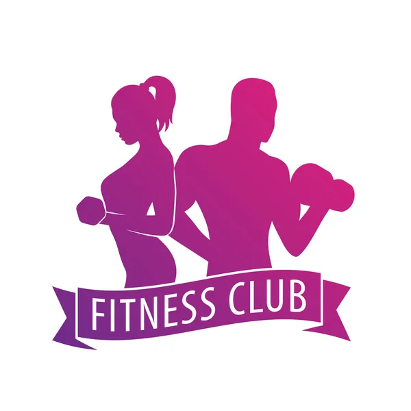 Fitness club logo with exercising athletic man and girl isolated on white, vector illustration — Stock Vector