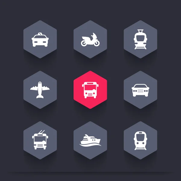 Passenger transport icons, public transportation vector signs, bus, subway, tram, taxi, airplane, ship, hexagon icons set, vector illustration — Stock Vector