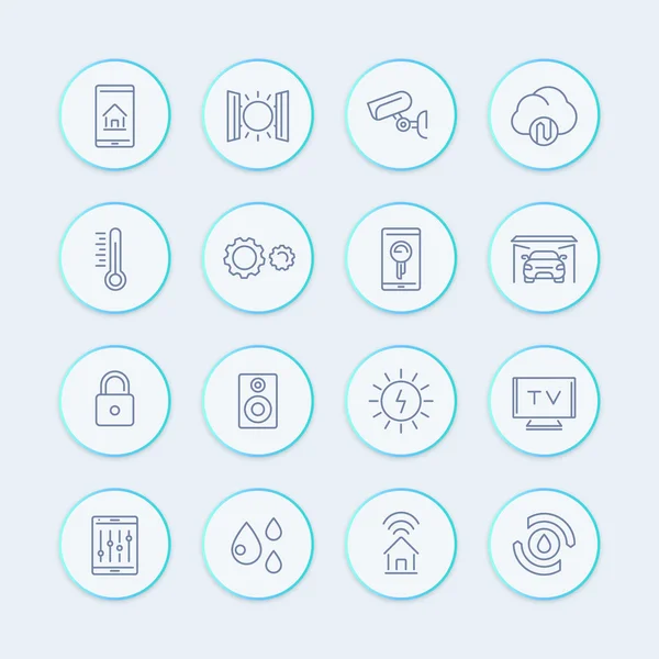 Iconos de línea de sistema de tecnología de casa inteligente, sistema de control de domótica, pictogramas redondos de casa inteligente, ilustración vectorial — Vector de stock