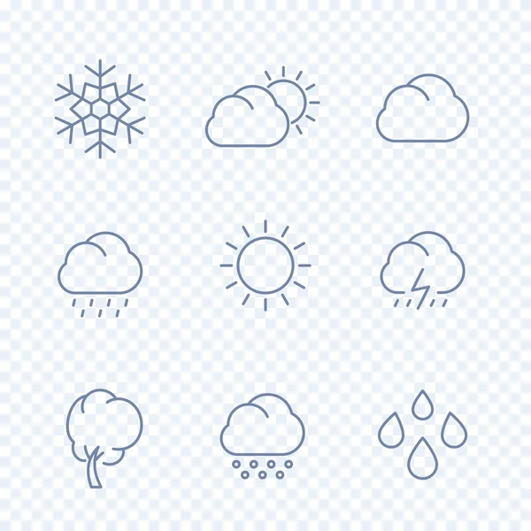 Wettersymbole, sonnig, bewölkt, Regen, Schneeflocke, Hagel, Wind, Sonne, Schnee isolierte lineare Symbole, Vektorillustration — Stockvektor