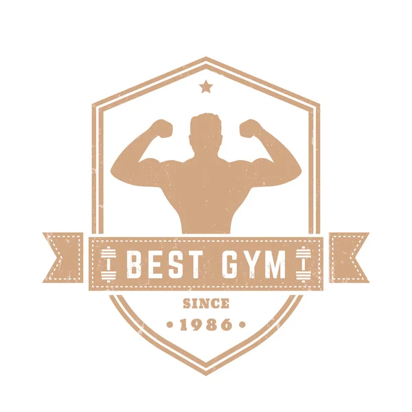 Meilleur logo vintage gymnase, insigne avec athlète posant sur la forme du bouclier, isolé sur blanc, illustration vectorielle — Image vectorielle