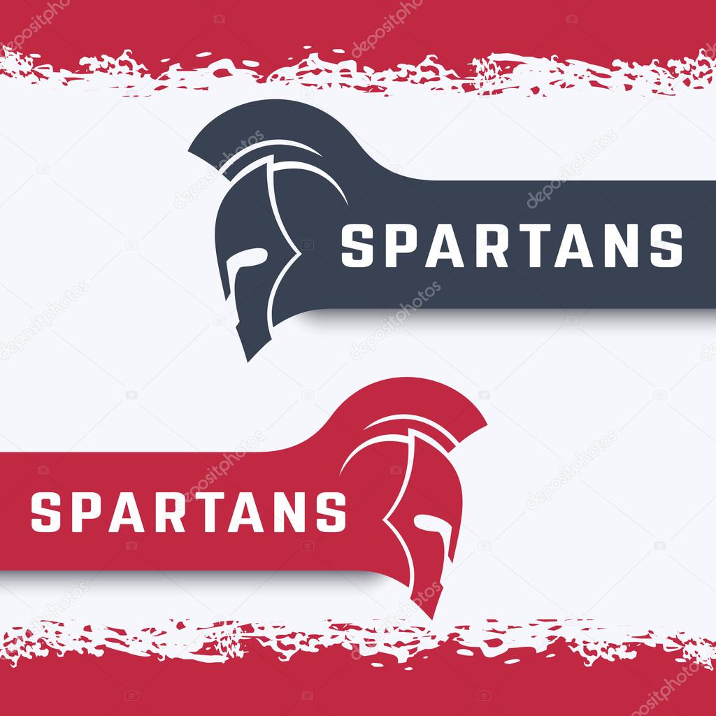 Spartans logo with warrior helmet with mohawk in red and gray, vector illustration