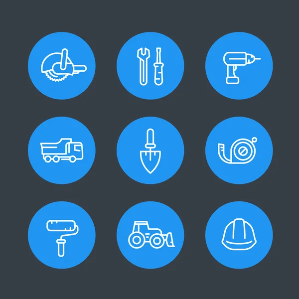 Construction line icons set, construction equipment and tools, vector illustration — Stock Vector