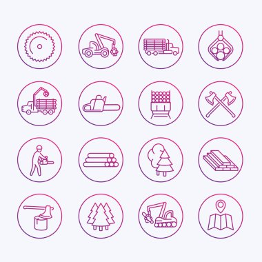 Oturum simgeler, kereste, ormancılık ekipmanları, günlük kamyon, ağaç hasat, ahşap, ahşap, kereste, ince çizgi Icons set, vektör çizim