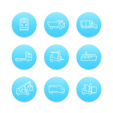 Ulaşım hattı simgeler, forklift, kargo gemisi, tren, kargo kamyon, transit, ulaşım doğrusal sembollerin, beyaz, vektör çizim üzerinde yuvarlak mavi kutsal kişilerin resmi