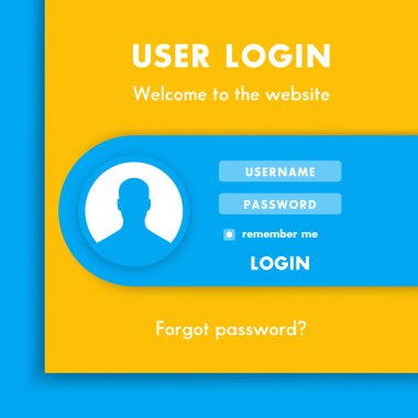 Kullanıcı oturumu açma penceresi, mavi ve sarı, vektör çizim Web sitesi için oturum açma sayfası