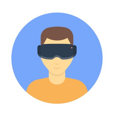 VR gözlük, sanal gerçeklik kulaklık, sanal gerçeklik gözlük düz simgesi, erkekte çizgi film illüstrasyon vektör