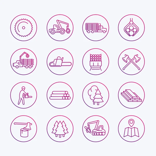 Logging icons, sawmill, forestry equipment, logging truck, tree harvester, timber, wood, lumber, thin line icons set, vector illustration — Stock Vector