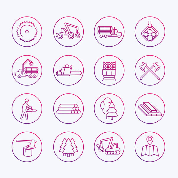 Logging icons, sawmill, forestry equipment, logging truck, tree harvester, timber, wood, lumber, thin line icons set, vector illustration