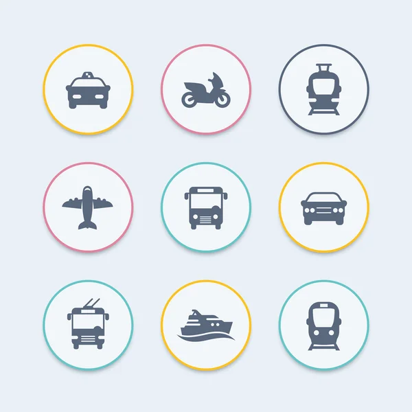 Passagier vervoer pictogrammen, openbaar vervoer, bus, metro, tram, taxi, vliegtuig, vectorillustratie — Stockvector