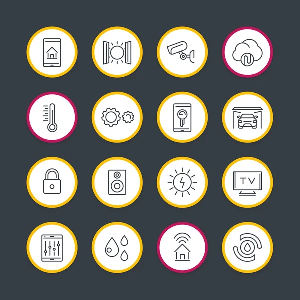 Conjunto de iconos de línea de sistema de tecnología de casa inteligente, sistema de control de automatización del hogar, señales redondas de casa inteligente, ilustración vectorial — Vector de stock