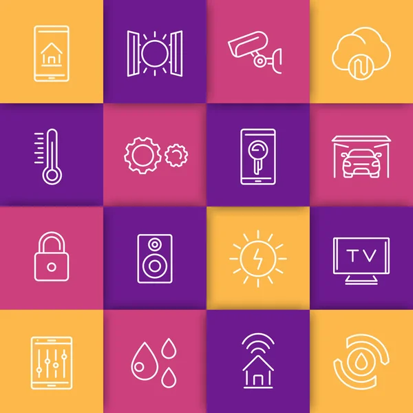 Iconos de línea de sistema de tecnología de casa inteligente, sistema de control de automatización del hogar, ilustración vectorial — Vector de stock