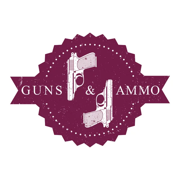 Vintage γύρο έμβλημα, όπλα και πυρομαχικά με πιστόλια σε λευκό, εικονογράφηση φορέας — Διανυσματικό Αρχείο