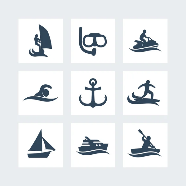 water sports icons set, pictograms isolated on white, vector illustration