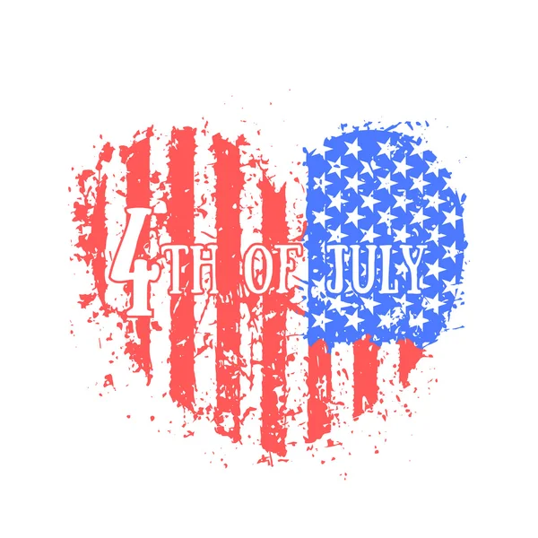 4 de julio, Día de la Independencia en Estados Unidos, corazón abstracto con bandera americana, signo patriótico, estampado de camiseta en blanco, ilustración vectorial — Vector de stock