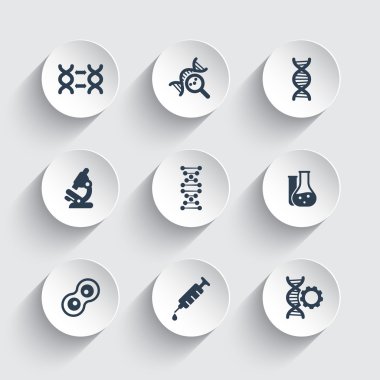 genetik simgeler, dna zinciri vektör işareti, genetik modifikasyon, DNA araştırması, yuvarlak 3d şekiller üzerinde laboratuvar simgeleri
