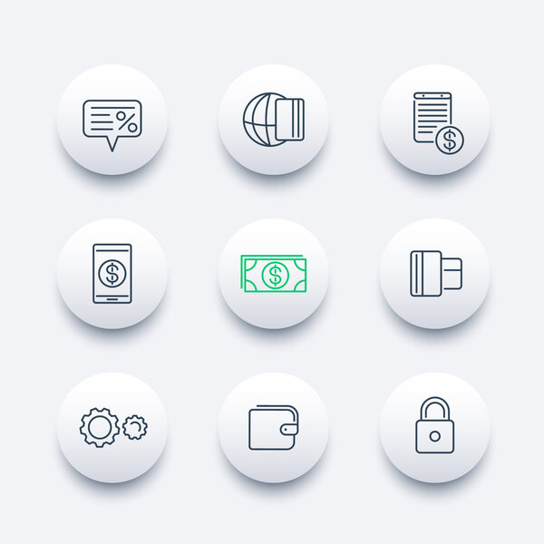 Методы оплаты тонкая линия иконки, электронный платеж, деньги, кредитная карта, бумажник, мобильный платеж, наличные иконки, векторные иллюстрации
