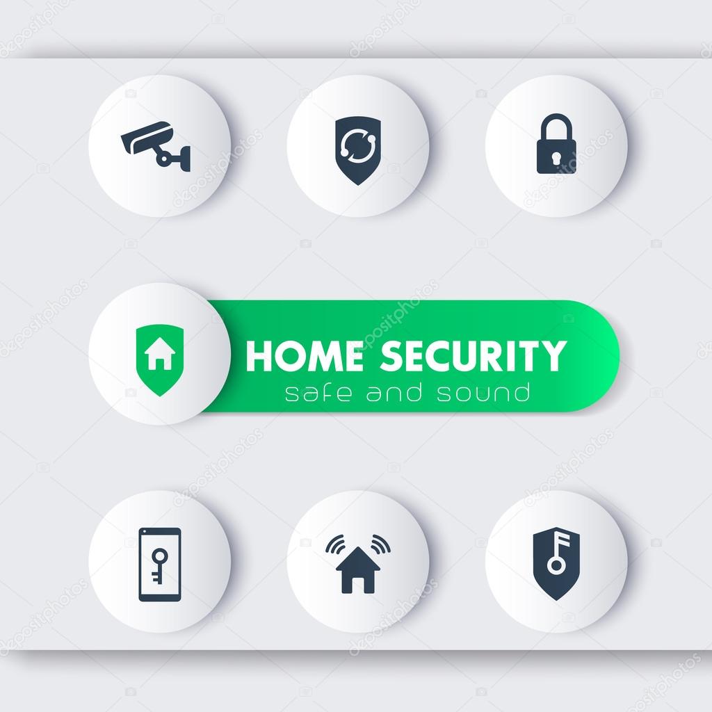 Home security icons, cctv, house security mobile app, secure house, security control modern round icons, vector illustration