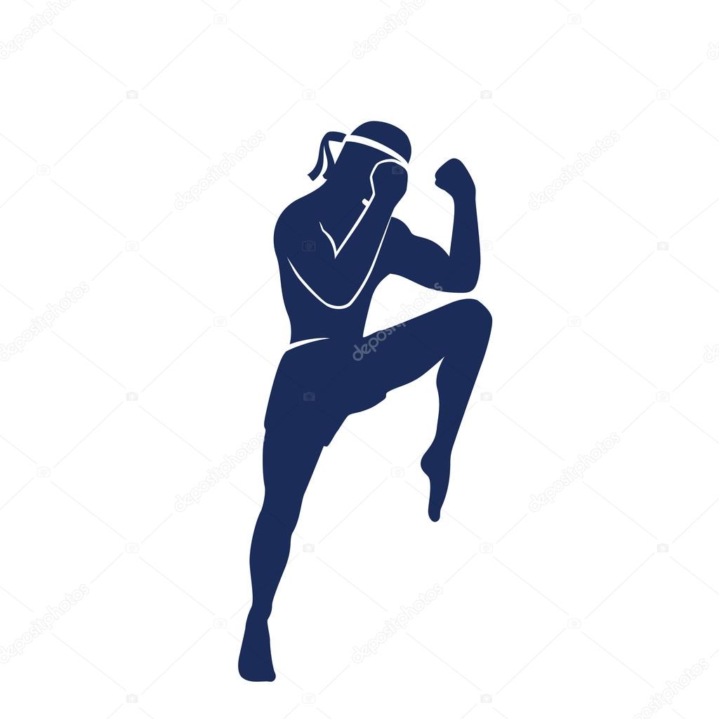 Muay thai athlete, boxer in a defensive fighting stance vector silhouette, man doing boxing exercise, logo element, t-shirt print