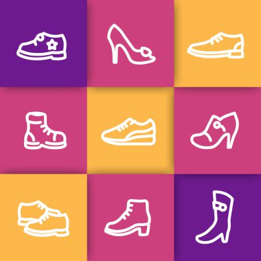 Ayakkabı çizgi simgeleri, topuklu, çizme, eğitmenler, kalın anahat, vektör illüstrasyon