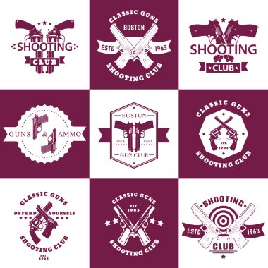 Çekim Kulübü, Guns ve Cephane vintage amblemler, tabancalar ile t-shirt baskılar, tabanca, tabanca, tabanca ile logo, vektör illüstrasyon