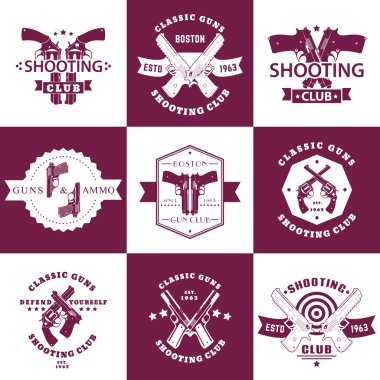 Shooting Club, Guns and Ammo vintage emblems, t-shirt prints with revolvers, guns, pistols, logo with handguns, vector illustration clipart