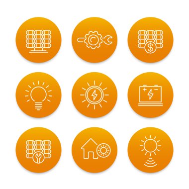 Solar energy line icons set, power, energetics, solar panels installation, sun as energy source clipart