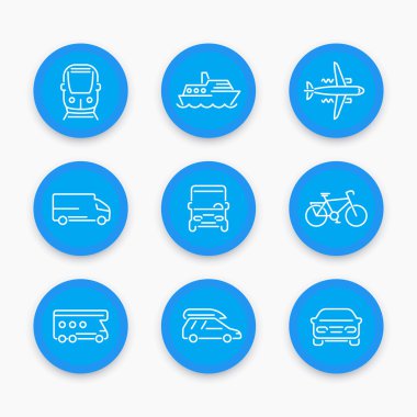 Ulaşım hattı simgeleri, araba, minibüs, otobüs, tren, uçak, gemi, yuvarlak mavi simgeler seti, vektör illüstrasyon