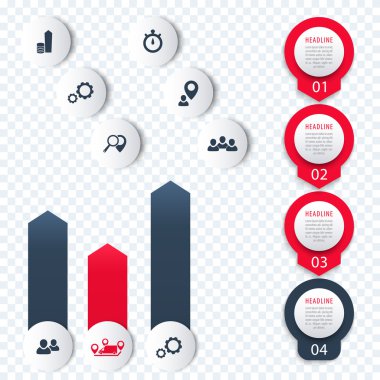Dikey zaman çizelgesi, bilgi grafikleri için öğeler, simgeler, 1, 2, 3, 4, adım etiketleri, grafik, vektör çizimi