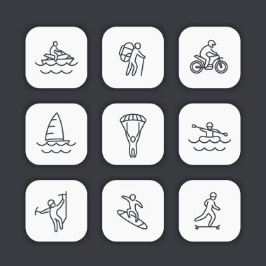 aşırı açık hava etkinlikleri Icons set, rafting, paraşütle atlama, kaykay, yelken, sörf, tırmanışla hiking, vektör çizim, satır