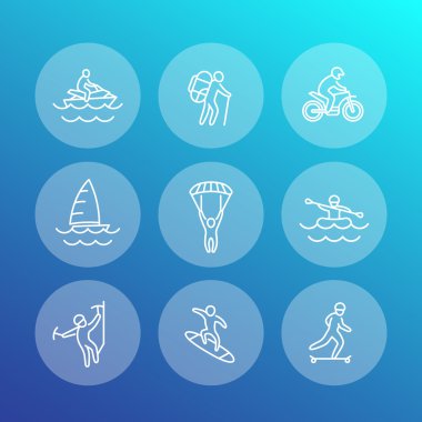 aşırı açık hava etkinlikleri satır simgeler, rafting, paraşütle atlama, tırmanışla, kaykay, pwc, yelken, illüstrasyon vektör