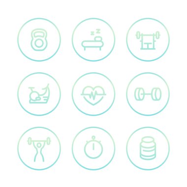 Fitness satır simgeler, kalın anahat, uyum ve aktif yaşam tarzı, egzersiz, beyaz, doğrusal semboller eğitim illüstrasyon vektör