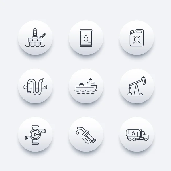 Icone della linea dell'industria petrolifera, impianto di perforazione, derrick, oleodotto, barile, piattaforma di perforazione, petroliera, ugello della benzina, tanica di benzina, illustrazione vettoriale — Vettoriale Stock